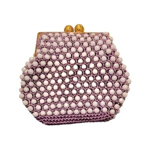 Vintage 1960s JEM Hong Kong Beaded Crochet Evening Bag Lavender Purse Gold Clasp